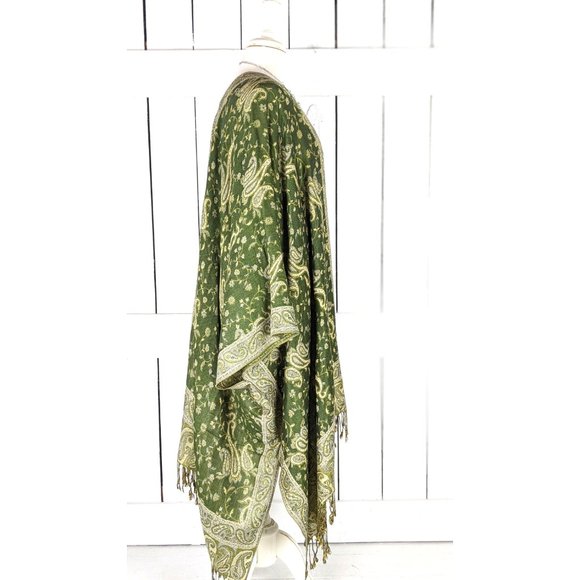 Green paisley floral fringe tassel pashmina kimono cardigan cover up jacket - Picture 4 of 5